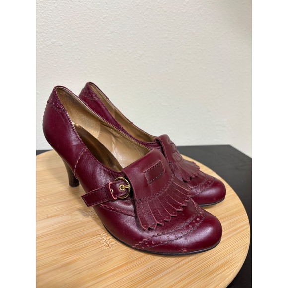 All Black Shoes - All Black Kiltie Loafer Pumps 38.5 Burgundy Leather Brogue‎ Buckle Heels 7.5-8